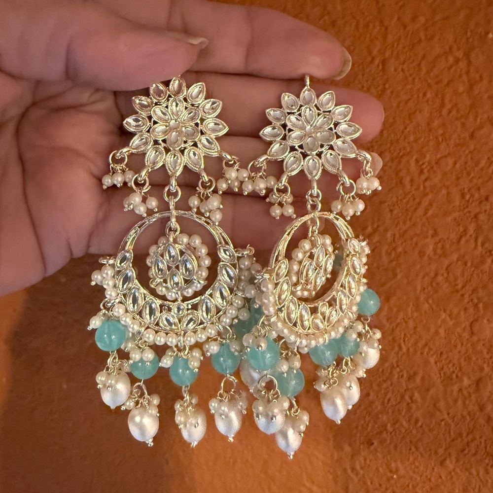 Indian ethnic Silver Gold and Aqua Floral Chandelier Earrings